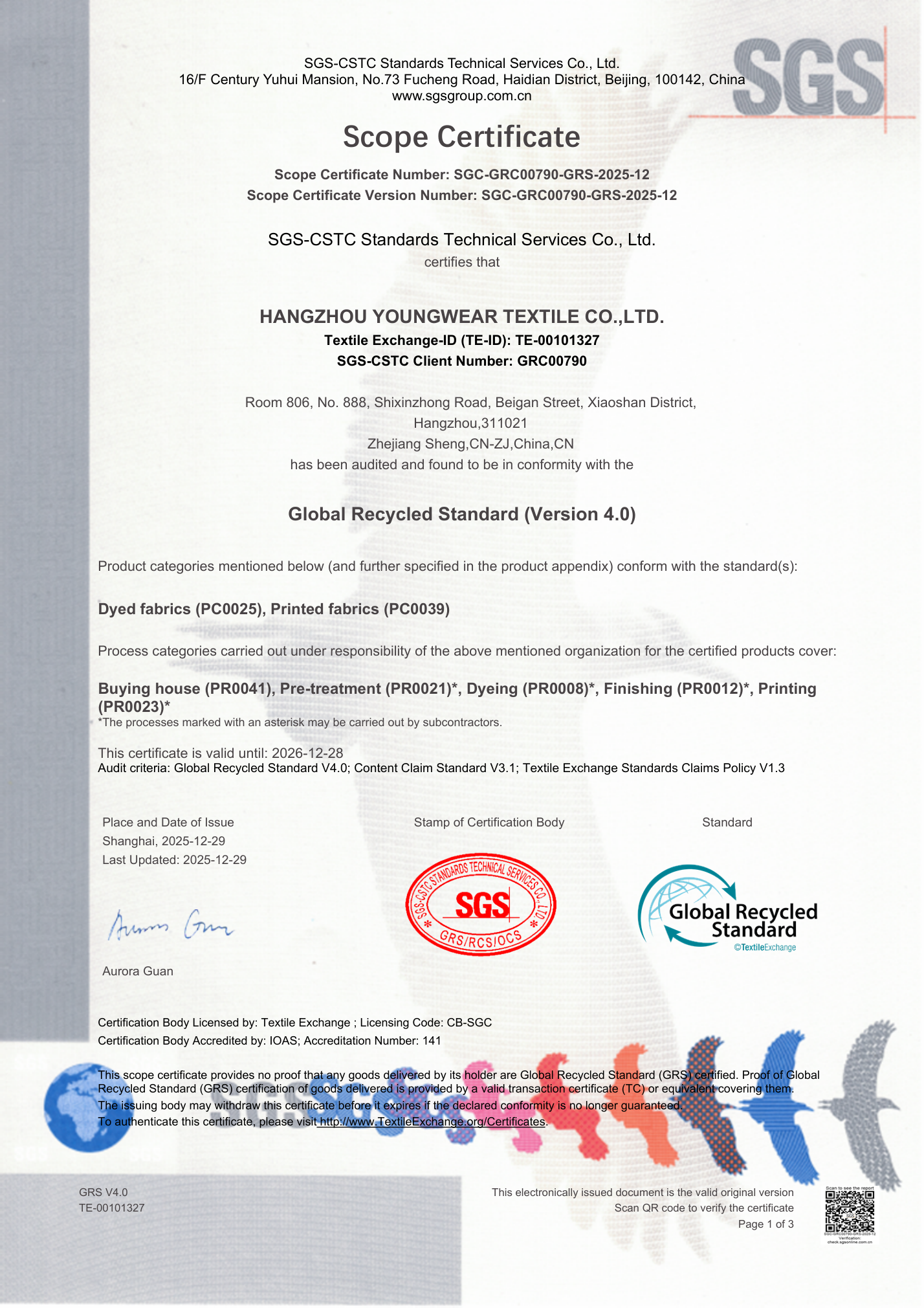 SGS-CSTC Global Recycled Standard 4.0 scope certificate for Hangzhou Youngwear Textile Co., Ltd.
